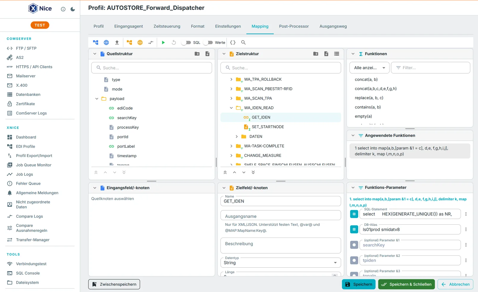 XNice Mapping-Editor: Quellstruktur, Zielstruktur und Funktionsbibliothek per Drag-and-Drop verbinden
