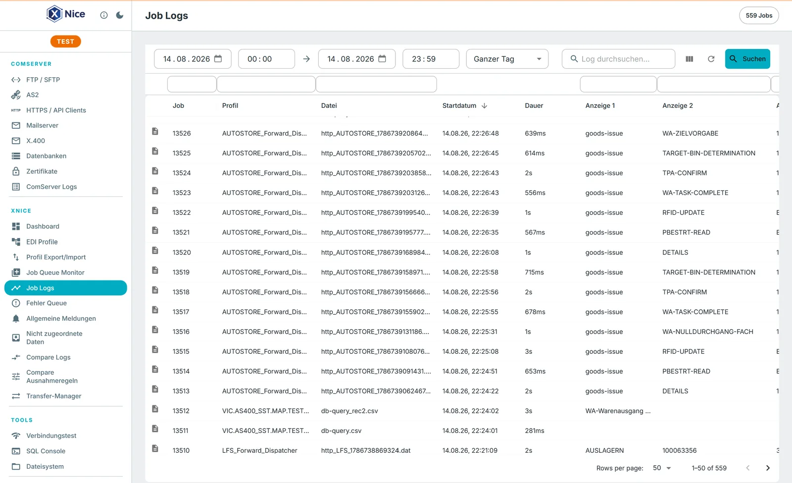 XNice Monitoring: Job-Logs mit Profil, Datei, Startzeit, Dauer und Fachstatus jeder Nachricht